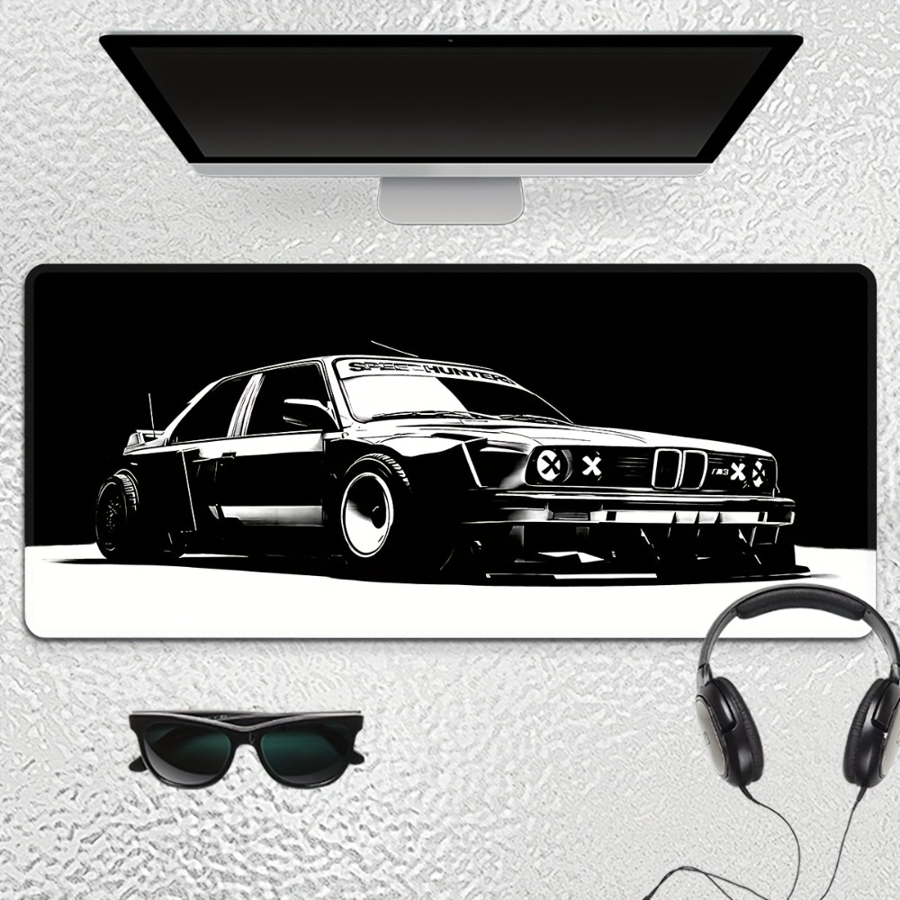 Desk Setup Black And White - Große Schwarz-Weiße Auto-Gaming-Mausunterlage Wasserdicht Rutschfest Genähte