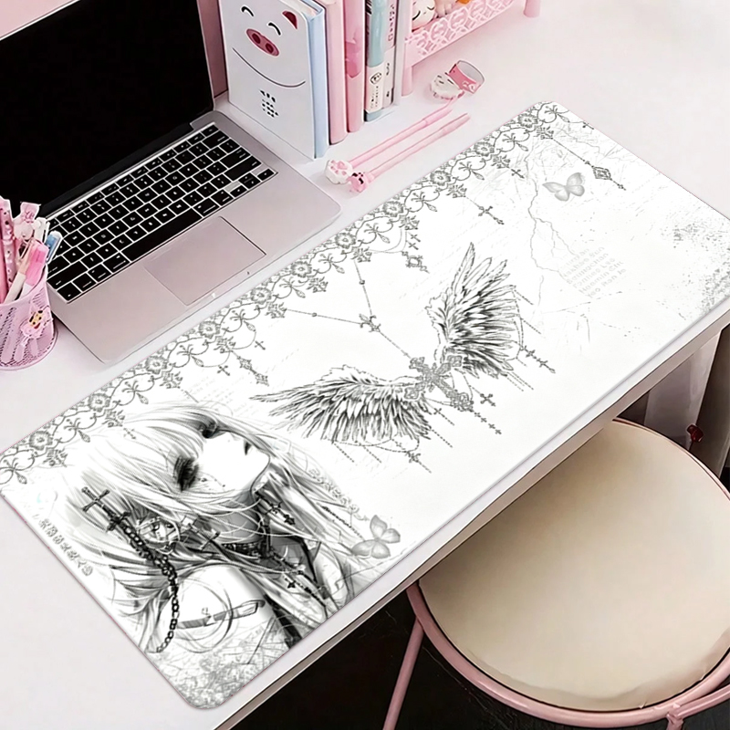 Desk Setup Mat - Leder-Mauspad Schwarz Weiß Anime Ästhetik Engel-Mädchen