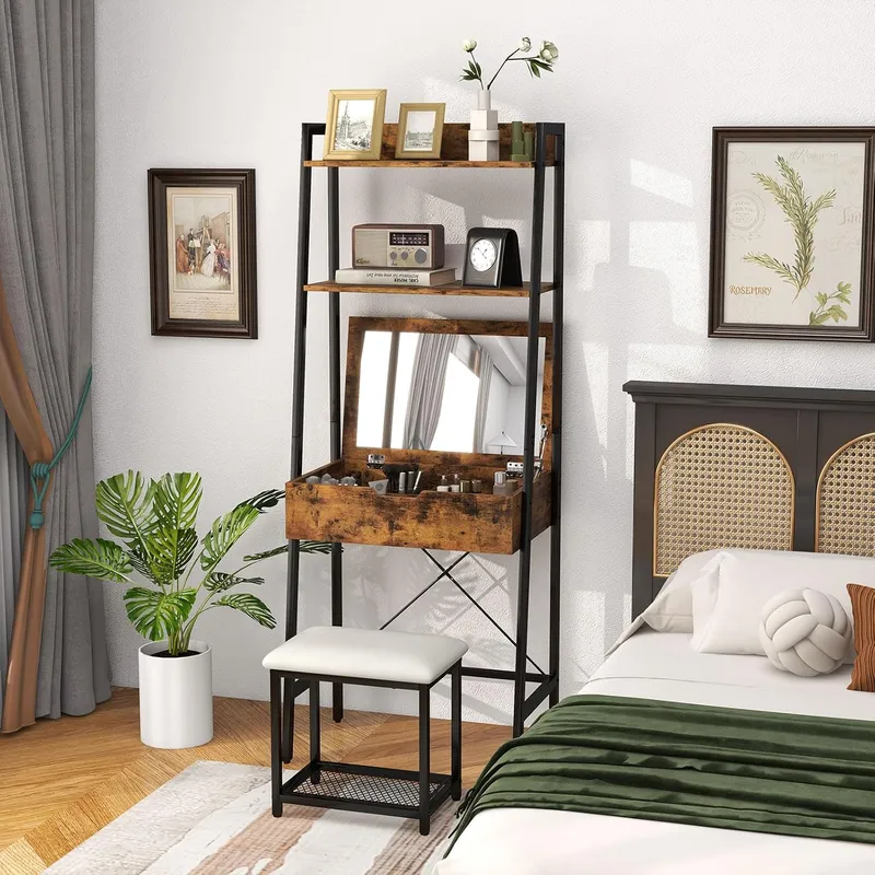 Desk Setup In Small Bedroom - Leiter-Schminktisch-Set mit Klappspiegel für Schlafzimmer mit